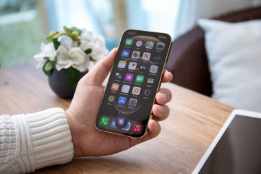 Alanya, Türkiye - 31 Mart 2021: İnsan eli iPhone 12 Pro Max Gold ile ana ekran IOS 14 ekranında.