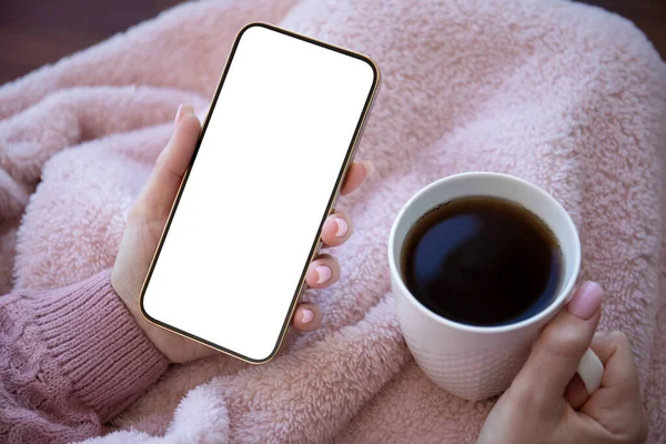 Mani Femminili Che Tengono Telefono Con Schermo Isolato Sfondo Coperta — Foto Stock