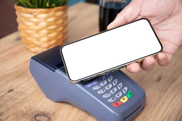 Man Payment Purchase Phone Isolated Screen Pay Pass Online Terminal — Stock Photo, Image