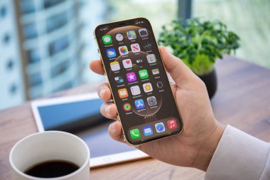Alanya, Türkiye - 7 Nisan 2021: İnsan eli iPhone 12 Pro Max Gold ile ana ekran IOS 14 ekranında.