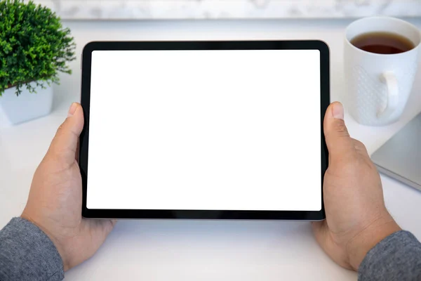 Male Hands Holding Computer Tablet Isolated Screen Table Office — Stock Photo, Image