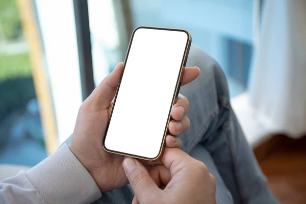 Male Hands Holding Phone Isolated Screen Background Office — Stock Photo, Image