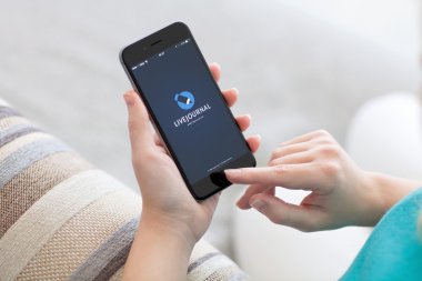 Alushta - 29 Ekim 2014: Ekranda sosyal ağ servisi LiveJournal ile iPhone 6 Space Gray 'i tutan kadın. iPhone 6 Apple Inc. tarafından oluşturuldu ve geliştirildi.