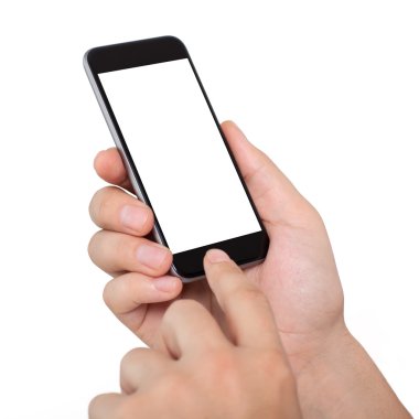 Telefon ile beyaz perde holding izole erkek eller