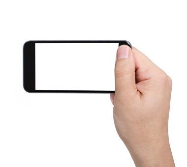 İzole erkek el beyaz ekran ile bir telefon tutarak