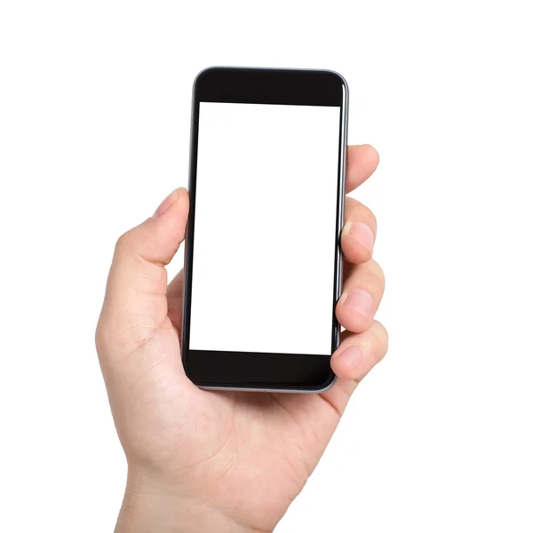 Mano masculina aislada sosteniendo un teléfono con pantalla blanca — Foto de Stock