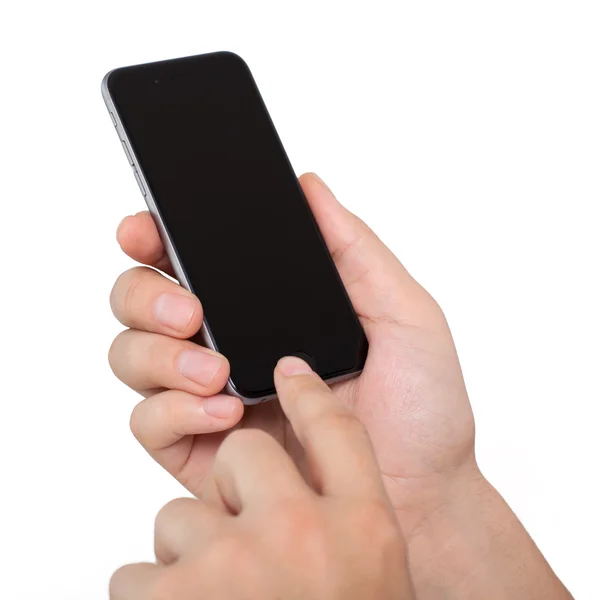 Alushta November 2014 Man Som Håller Handen Isolerad Telefon Iphone — Stockfoto
