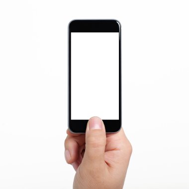 izole el beyaz bir ekran ile bir telefon tutarak