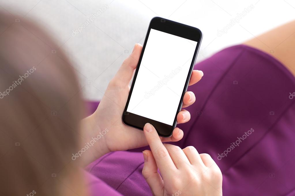 girl holding a black phone with isolated screen