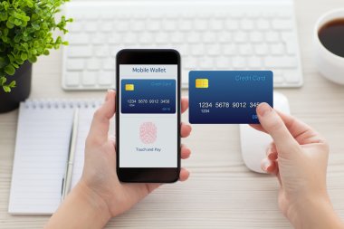 female hands holding phone with fingerprint for online shopping clipart