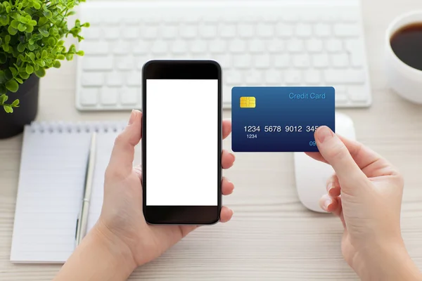 Female hands holding phone with isolated screen and credit card — Stock Photo, Image