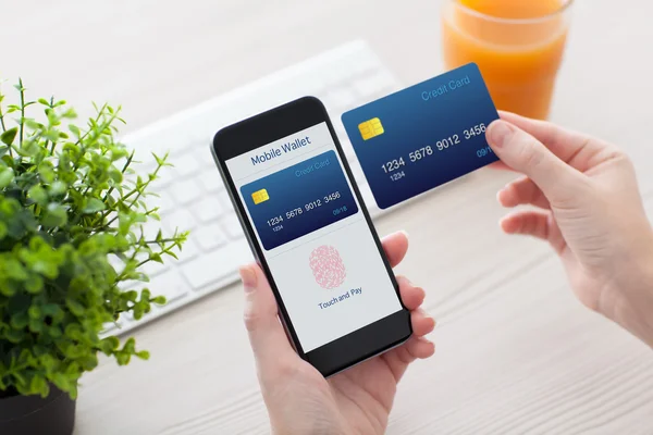 Female hands holding phone with fingerprint for online shopping — Stock Photo, Image