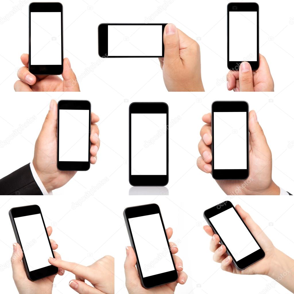 collection of hands holding the phone with isolated screen