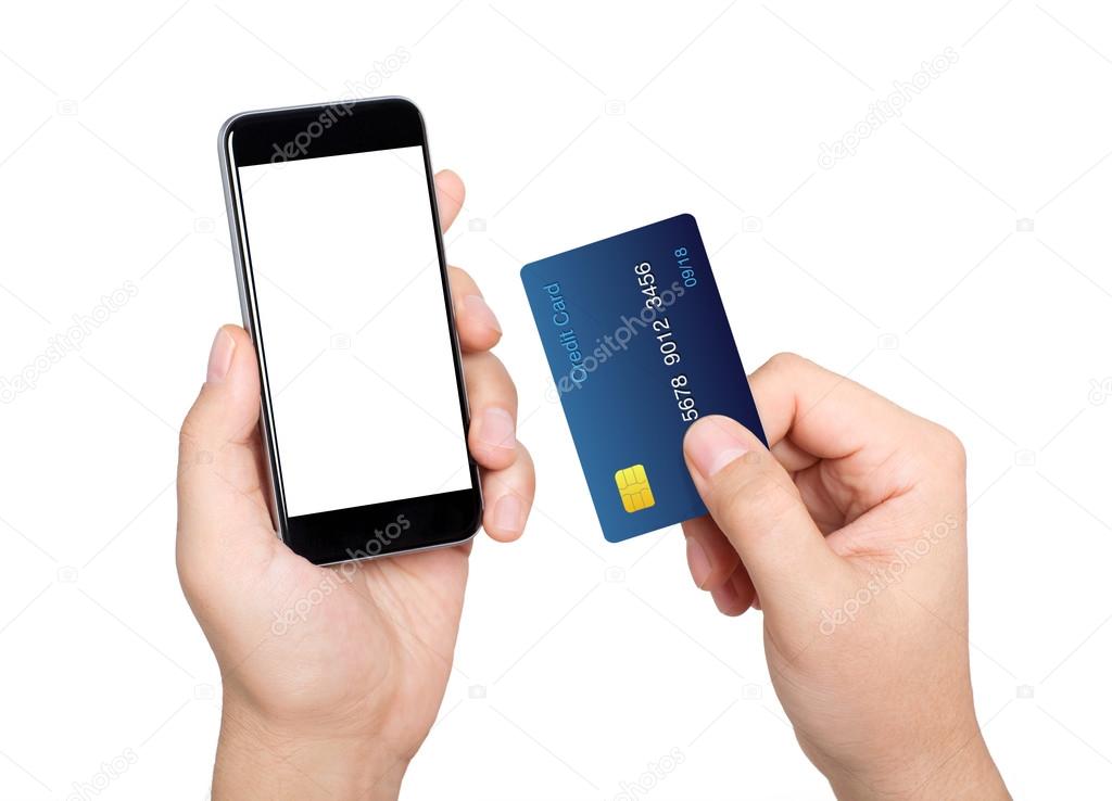 Male hands holding phone with isolated screen and credit card