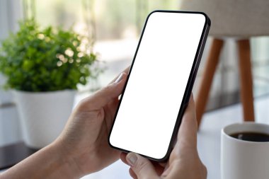 Kafe 'de bir fincan kahveyle izole edilmiş ekranı olan bir kadının el ele tutuşması. 