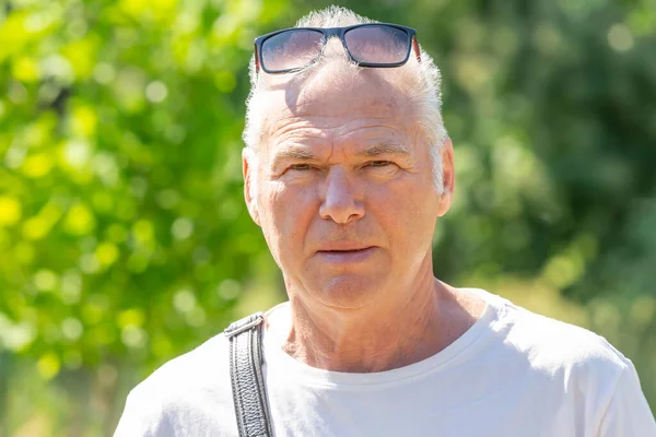 Retrato de un hombre mayor lindo en el fondo de la naturaleza —  Fotos de Stock