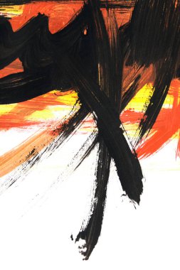 Siyah ve turuncu, beyaz arkaplanda soyut çizimler yapar.