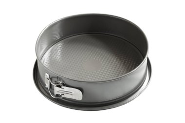 Beyaz üzerine izole edilmiş boş metal pişirme kabı