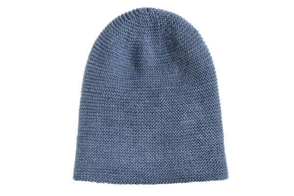 Chapeau Tricot Laine Basique Bleu Isolé Sur Blanc — Photo