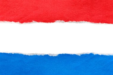 Hollanda bayrağı gibi beyaz üzerine kırmızı ve mavi yırtık kağıt