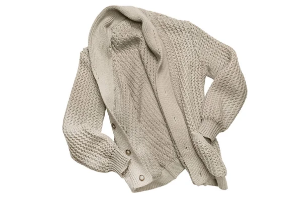 Cardigan Décontracté Tricoté Beige Isolé Sur Blanc Images De Stock Libres De Droits