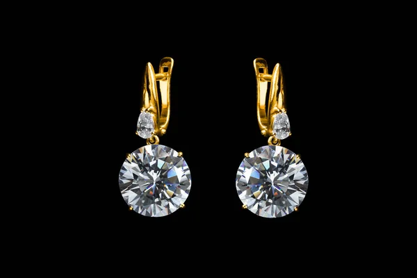 Vackra Guld Diamanter Örhängen Isolerade Över Svart — Stockfoto