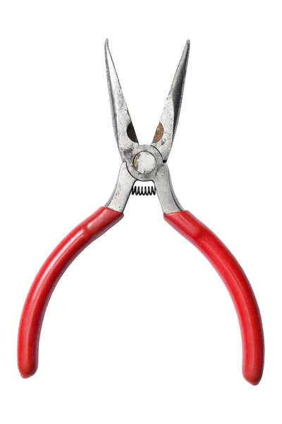 Old Rusty Long Nose Pliers Red Handles Isolated White — Stock Photo, Image