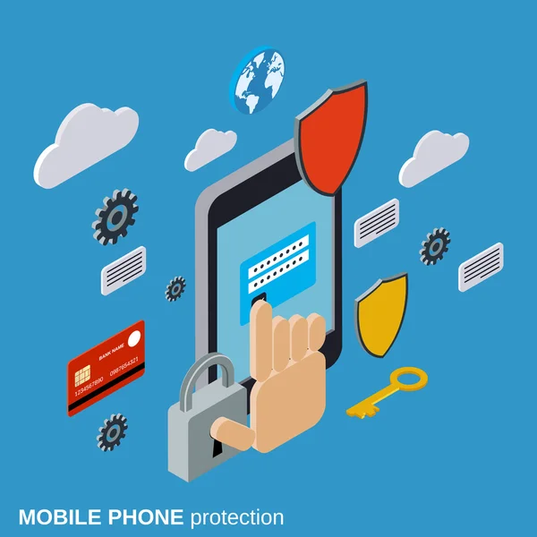 Telefon komórkowy ochrony, zabezpieczenia komputera, koncepcji wektor ochrony danych — Wektor stockowy