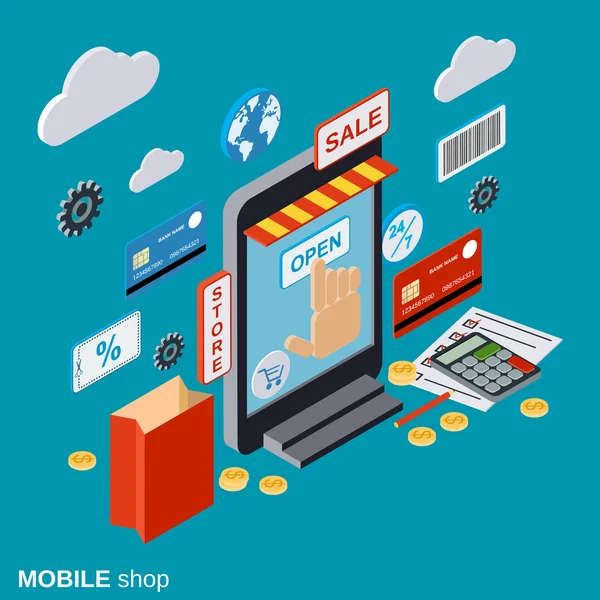 Tienda móvil, compras en línea, comercio a distancia, concepto de vector de comercio electrónico — Archivo Imágenes Vectoriales