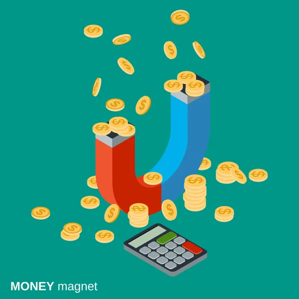 Geld magneet, investeringen aantrekken, fondsen accumulatie vector concept — Stockvector