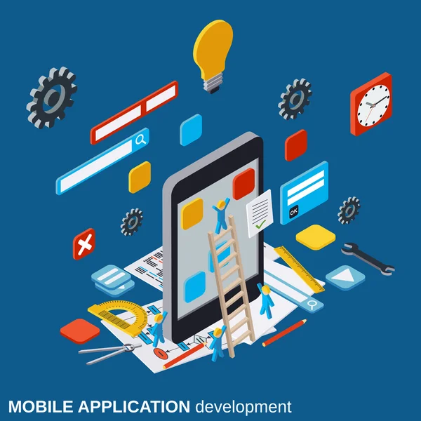 stock vector Mobile application development, SEO process, algorithm optimization vector concept