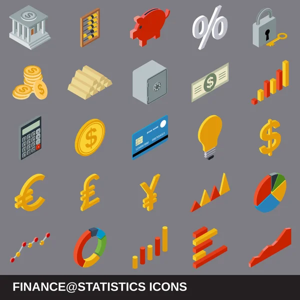 Statistiques financières icônes isométriques plates — Image vectorielle