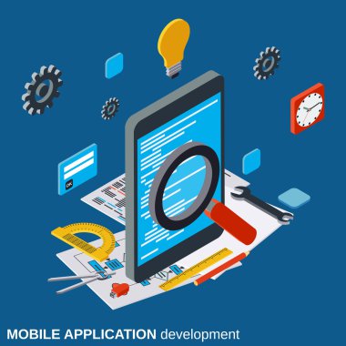 Mobile application development, program coding, algorithm optimization flat isometric vector concept illustration clipart svg vector 