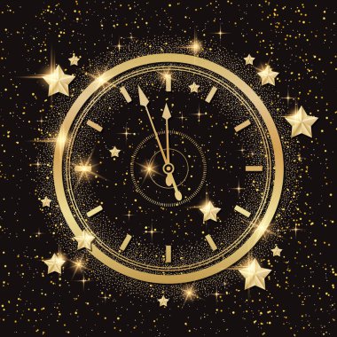 Yıldızlı, parıltılı ve saatli Noel ve Yeni Yıl vektör geçmişi