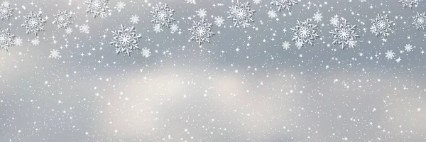 Vánoce Nový Rok Oblačná Obloha Těžkou Sněžení Vektorové Banner Šablony — Stockový vektor