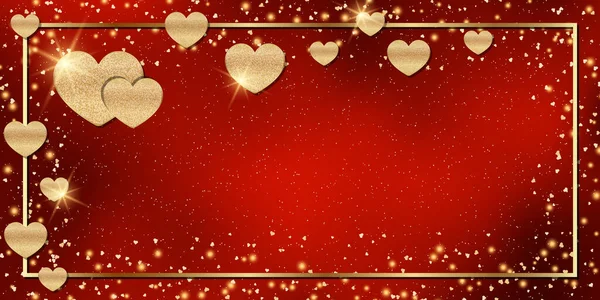 Valentinstag Roter Verschwommener Vektorhintergrund Mit Goldenen Herzen Lichteffekten Und Rahmen — Stockvektor