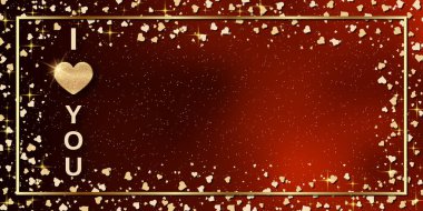 Sevgililer Günü kırmızı bulanık vektör arka planı, altın kalpleri, ışık efektleri ve çerçeve