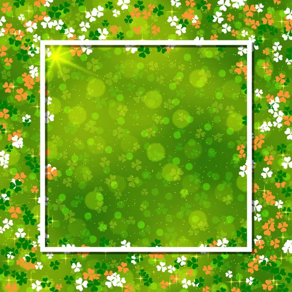 聖パトリックの日緑のぼやけたベクトルの背景とクローバーの葉と白いフレーム — ストックベクタ