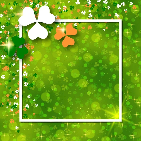 Patrick Day Grün Verschwommener Vektorhintergrund Mit Kleeblättern Und Weißem Rahmen — Stockvektor