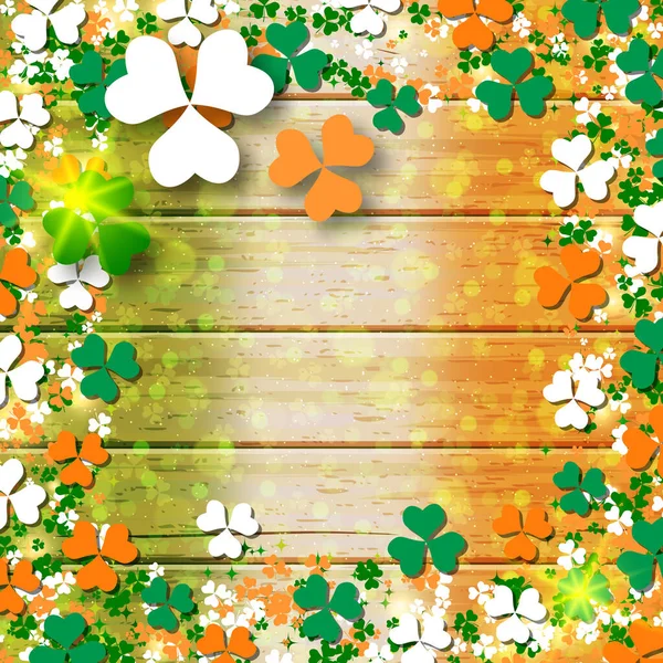 Patrick Day Fond Vectoriel Bois Avec Des Feuilles Trèfle Colorées — Image vectorielle