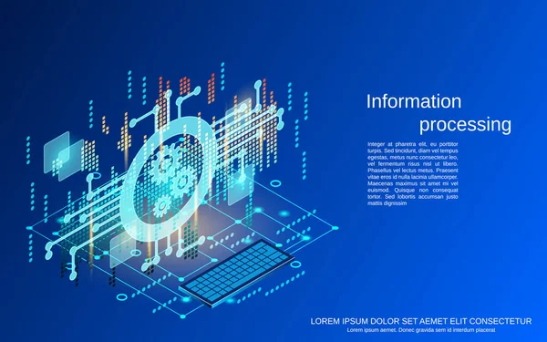 Információfeldolgozás Lapos Izometrikus Vektor Koncepció Illusztráció — Stock Vector