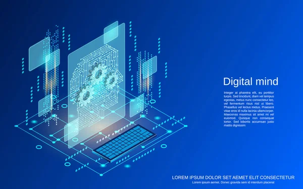 Cyfrowy Umysł Sztuczna Inteligencja Technologia Cyfrowa Płaska Izometryczna Ilustracja Wektora — Wektor stockowy