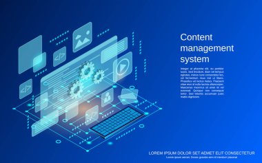 İçerik yönetim sistemi, web uygulama geliştirme, web arayüzü tasarımı düz 3d izometrik vektör konsepti çizimi