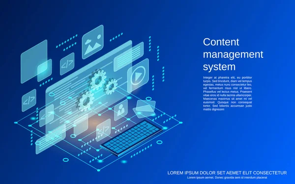 コンテンツ管理システム Webアプリケーション開発 ウェブサイトインターフェース設計フラット3D等角ベクトルコンセプトイラスト — ストックベクタ