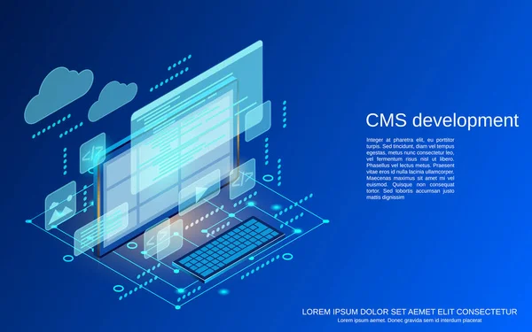 Cms開発 プログラムコーディング ウェブサイトインターフェイスデザインフラット3D等角ベクトルコンセプトイラスト — ストックベクタ
