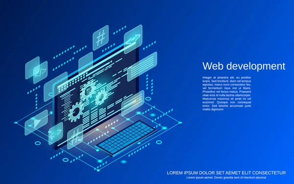 Web geliştirme, düz kodlama 3d izometrik vektör konsepti çizimi