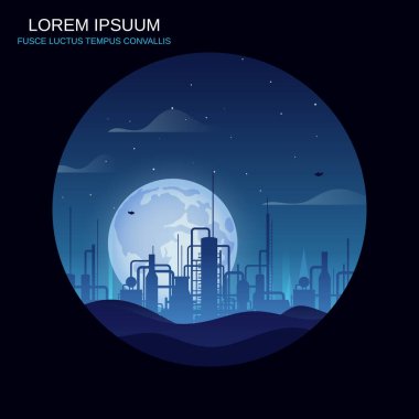 Geceleri çölde beyaz ay üzerinde petrol rafinerisi inşaatı, vektör arka plan