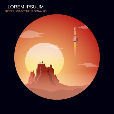 Soyut manzara retro tarzı karikatür çizimi. Turuncu gündoğumu arka planında kırmızı çöl