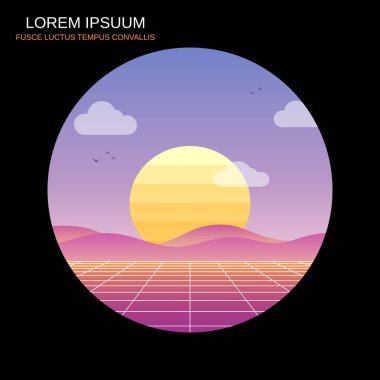 Soyut manzara retro tarzı karikatür çizimi. Turuncu gündoğumu arka planında kırmızı çöl