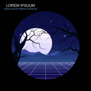 Koyu ağaçlı mavi dağlar, gece vektör arka planı. 1980 'lerin retro tarzı illüstrasyon